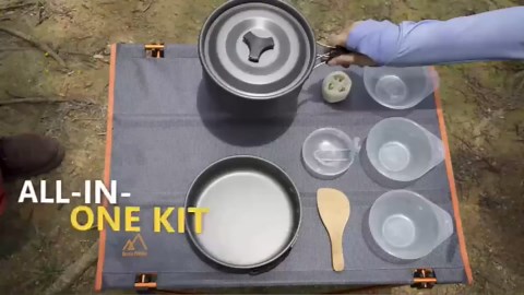 Peidesi Camping Cookware Mess Kit, Portable Camp Stove Pots and Pans Set, Carabiner, Folding Knife, Fork Spoon Kit, Carry Mesh Bag,Teapot for Backpacking, Outdoor Camping, Hiking and Picnic（16Pcs）