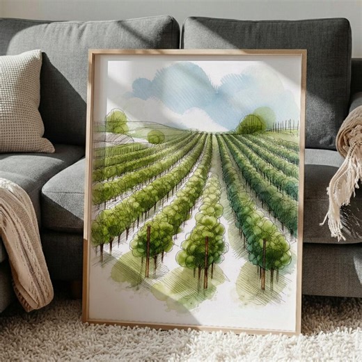 Vineyard Rows Watercolor Landscape Print, Green Wine Country Field Wall Art, Fresh Nature Decor, Digital Download Printable - Etsy