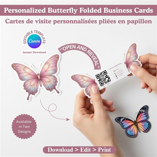 Personalized Butterfly Folded Business Card | Editable Canva Template | Die Cut QR Code (EN/FR) - Etsy