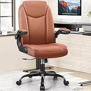 AtHope Office Chair Ergonomic Computer Desk Chair, Executive Leather Office Chair with Adjustable Flip-up Armrests Height, Swivel Task Chair with Lumbar Support Rocking Function for Home Office(Brown)