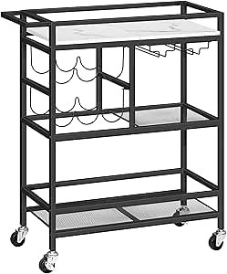 MAHANCRIS Bar Cart for Home, 3-Tier Serving Cart with Wheels and Handle, Beverage Cart with Wine Rack and Glass Holders, Rolling Wine Cart for Kitchen, Dining Room, Marble and Black RCHM6101