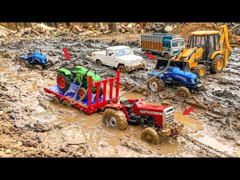 Massey Tractor & Pickup Truck Muddy Accident Pulling Out JCB 3DX | Tractor Rescue | JCB Cartoon Toys
