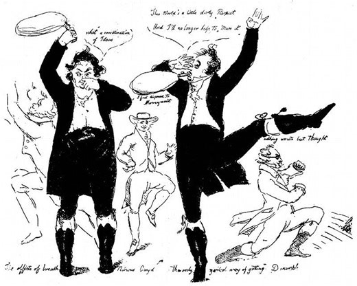 Victorian illustration depicting effects of laughing gas makes science look like a wild party