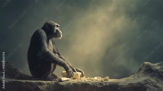 Ancient chimpanzee uses stone tools to process gathered food, showcasing early tool use and gathering for survival