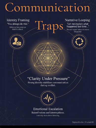 Most difficult conversations don’t collapse because of the problem. They collapse because of three communication traps: • identity attacks • narrative loops • emotional escalation Once identity feels threatened, the nervous system shifts into defense mode and problem-solving disappears. Strong communication is not about winning arguments. It’s about maintaining clarity under pressure. #FractalOS #NgimaWorks #SystemsThinking #CommunicationSkills #ConflictResolution