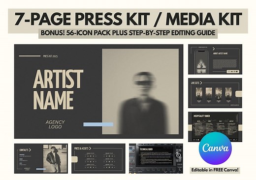 7-page Press Kit Template | Editable Canva Media Kit for Musicians, Performers, Influencers, Djs, Artists | Custom EPK PDF - Etsy