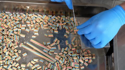 A close-up shot of a professional pastry chef cutting long, multi-colored candy canes with a pattern inside. It shows the process of making small sugar candies in a modern confectionery.