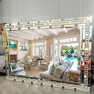 Chende Crystal Large Wall Mirror for Decor, Rectangular Large Living Room Mirror with Beveled Edge and Glass Frame, Entrance, Fireplace, Home Office, Horizontal/Vertical Hanging, 32" x 47"