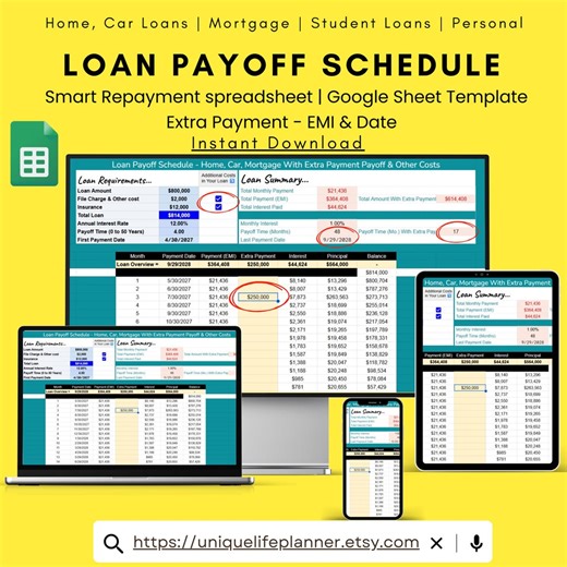 Loan Payoff Calculator, Amortization Schedule, Extra Payments (google Sheets Template Digital Download - Etsy