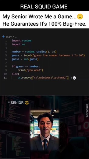 Tech Toil on Instagram: "Final Boss 💀 Just showing off my senior's beautiful 'error-handling' skills. I'm learning so much! . . ⚠️ EDUCATIONAL PURPOSES ONLY. This is satire. For the love of your OS, please don't try this at home/work! [Programming, Coding, Python,Code, programmer, tech, ai] #tech #reels #instagram #trending #explore #ai #coding #explorepage #programming #engineering #it #students"