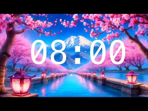 8 Minute Countdown Timer with Alarm | Cherry Blossoms and a River with Lanterns | Relaxing Music