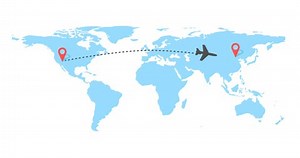 Plane flying on the world map leaving the trail. Route and two points on the map. Travel and vacation concept. 4k resolution.