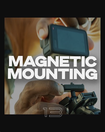 Meet #GoProHERO13 Black—part 3 of 4 📷 New, quick magnetic mounting system to compliment built-in 1/4-20 folding fingers. 🧲 The all-new Magnetic Latch Mounts allow you to easily pop your camera from any GoPro mount to the next, without thumb screws. Securely attach in a snap, quickly release with a pinch. This simple solution comes in either a standard finger connection or as a ball-joint adapter. ✌️ As always, our trusted durable mounting fingers come standard on HERO13 Black. These folding fi