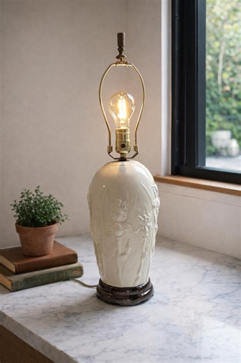 Cream Ceramic Iris Bedside Lamp Base | Cottage Style Floral Table Lamp | Neutral Cottagecore Bedroom Lighting - Etsy