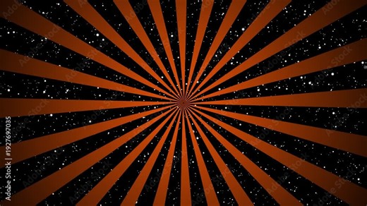 Seamless black and rust orange rotating abstract radial Sunburst with stars background loop animation.