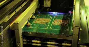 Automated testing of electronic boards on special equipment, in a modern laboratory. Manufacturing of microcircuits and microprocessors. Production of microelectronic equipment.