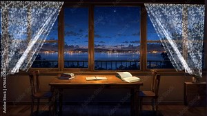 study table by the window with a view of the city at night