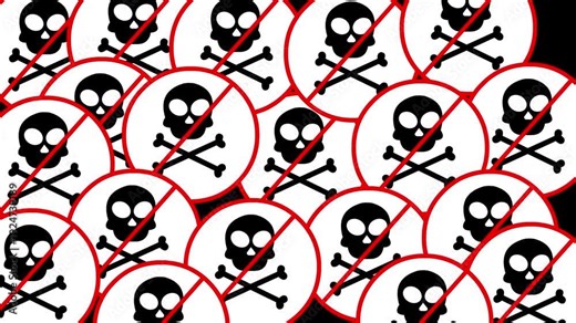Skull and Crossbones Warning Pattern with Red Prohibition Symbols – Toxic Hazard Concept