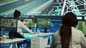 Call center operators providing shipment information via gps satellite map for their clients, ensuring fast delivery. Employees locating their drivers with coordinates, monitoring traffic. Camera A.