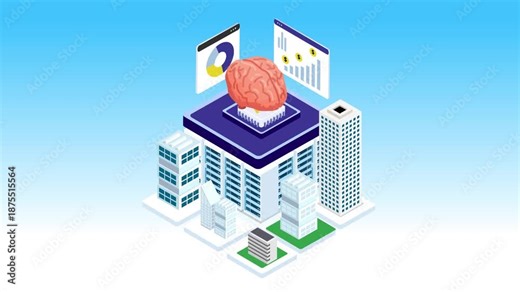 Isometric AI Neural Network and Smart City Data Center with Financial Analytics 3d animation cartoon