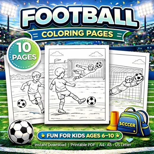Football Soccer Coloring Pages for Kids, 10 Activity Pages (Digital Download)
