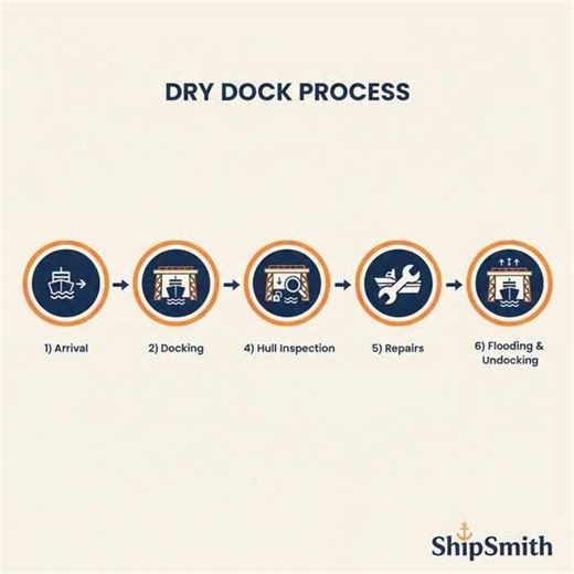 Ocean_innovator on Instagram: "🏗️ WHAT HAPPENS INSIDE A DRY DOCK? – The Complete Process A dry dock is where vessels get their complete makeover. Here's the step-by-step journey every ship takes for major repairs. STAGE 1: ARRIVAL & POSITIONING The vessel approaches under its own power. Pilots guide alignment with the dock's centerline. Mooring lines secure the ship to prevent movement. STAGE 2: DOCKING & GATE CLOSURE Outer gates close, sealing the dock. The ship sits on keel blocks that distri