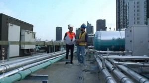 Foreman engineer and contractor engineer wearing reflective jacket, engineering helmet, talking about blueprints, inspecting plumbing system, safety and maintenance inspection on rooftop construction