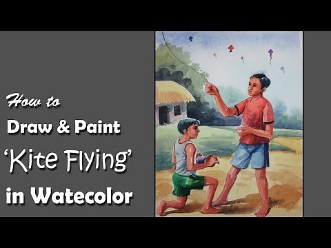How to Draw & Paint on the subject 'Kite Flying' in Watercolor