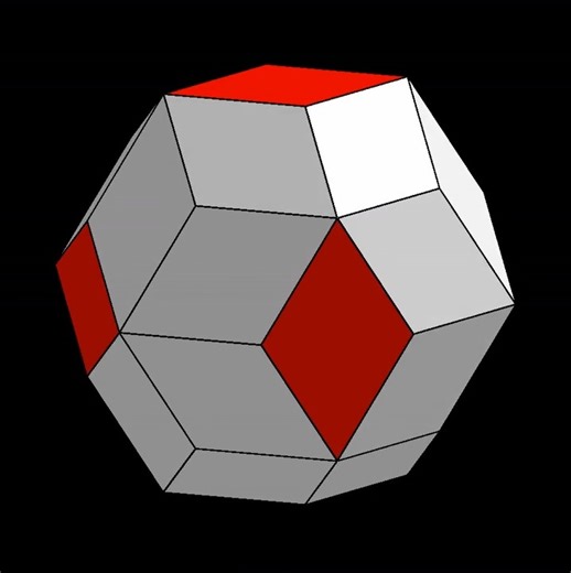 Transformación de un cubo a un triacontaedro rómbico dividiendo las caras cuadradas en cuatro cuadrados y dividiendo los bordes intermedios en nuevas caras rómbicas. Recurso: https://www.geogebra.org/m/fjwfzmx3 Fuente: Magic PI - math animations Un cubo es un tambienllamado hexaedro regular es un poliedro limitado por seis caras cuadradas congruentes. Es uno de los denominados sólidos platónicos. Usado para dado. Aristas: 12. Caras: 6. Vértices: 8. El triacontaedro rómbico es uno de los sólidos 