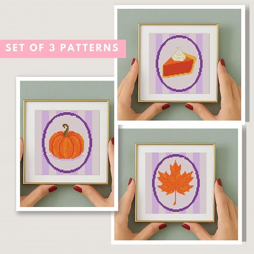 Autumn Cross Stitch Patterns Set of 3 | Pumpkin Pie, Leaf, Fall Deigns PDF - Etsy