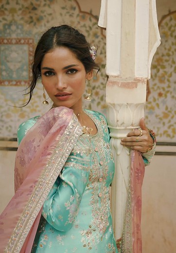 Pastel Tones Embroidered Brocade Straight Suit | Indian Outfit