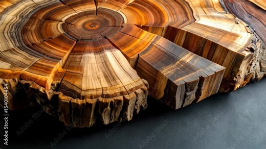 Detailed cross section of a tree trunk with distinct growth rings and geometric sections revealing the wood grain texture.