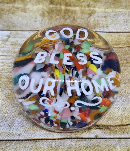 Antique Round Glass Paperweight "god Bless Our Home" - Frit Glass, Ca 1920s-1930s, Colorful Specs of Color - Etsy