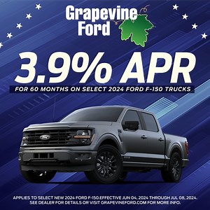 Select 2024 Ford F-150 pickups 3.9% for 60 months right now at Grapevine Ford! Applies to select new 2024 Ford F-150. Effective Jun 4th - Jul 8th. See dealer for details or visit GrapevineFord.com for more information. | Grapevine Ford
