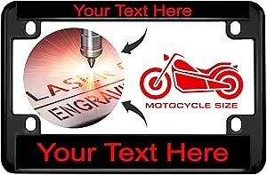 Motorcycle Personalized Black Metal (Zinc) Laser Engraved Standard Size License Plate Frame with Custom Text Design - Black/Red Text