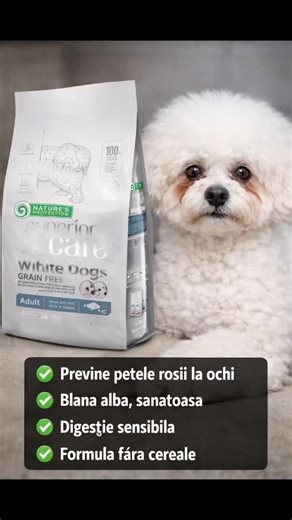 VetPet-shop.ro on Instagram: "Hrana potrivita pentru Bichon: blana alba si mai putine pete la ochi Daca ai un Bichon, stii cat de greu este sa mentii blana alba curata si fara pete rosii in jurul ochilor. Multi stapani cred ca este doar o problema de igiena, dar in realitate, alimentatia joaca un rol esential. O mancare nepotrivita poate duce la lacrimare excesiva, pete rosii la ochi, probleme digestive si sensibilitati ale pielii. Bichonii au o digestie sensibila si reactioneaza rapid la ingred