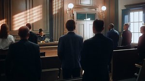 Cinematic Court of Law and Justice Trial: Judge Ruling Out a Positive Decision in a Civil Family Case, Striking Gavel to End Hearing. Defendant Party is Happy, Barrister Cheering Client.