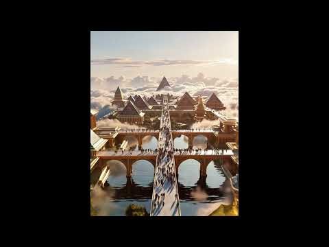 Aerial view of a futuristic pyramid complex