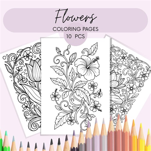 Flower Coloring Printables. Coloring Sheets for Adults. Relaxing Coloring Pages. - Etsy