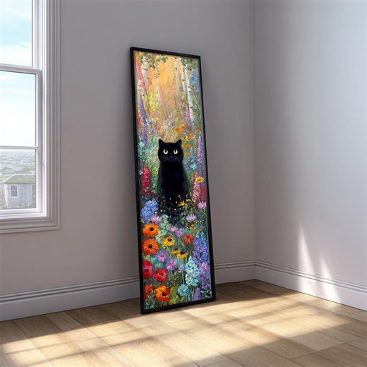 Black Cat Long Narrow Wall Art : Whimsical Nature Decor, Floral Animal Artwork - Etsy