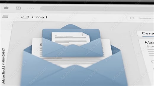 Email inbox, rendered in soft blues with floating envelopes and document-like text lists