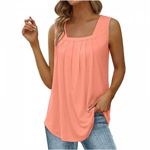 JGGSPWM Summer Tank Tops for Women Loose Fit Pleated Square Neck Sleeveless Tops Curved Hem Flowy Loose Fit Camisole Trendy Breathable Tees Shirts Pink M