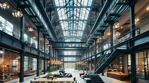 Industrial warehouse converted into modern loft with high ceilings, metal beams, sleek furniture for office
