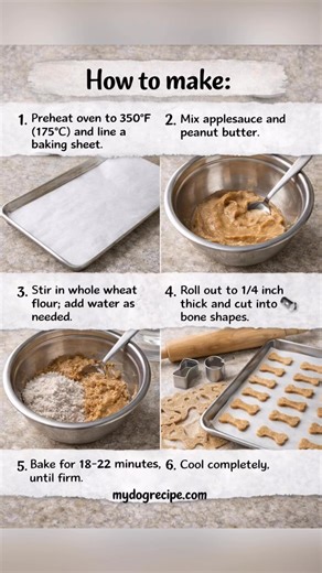 Apple Peanut Butter Bones for Dogs 🦴🍎 Want an easy crunchy treat your dog will go crazy for? Save this and try it today. Ingredients: • 1/2 cup unsweetened applesauce 🍎 • 2 tablespoons natural peanut butter (unsalted, xylitol-free) 🥜 • 1 1/2 cups whole wheat flour 🌾 • 1/4 cup water (only if needed to adjust dough consistency) 💧 How to make: 1. Preheat oven to 350°F (175°C). Line a baking sheet with parchment. 2. In a bowl, mix applesauce peanut butter until smooth. 3. Add whole wheat flour