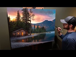 Landscape Oil Painting "Lakeside Heaven" - Cabin at Sunrise