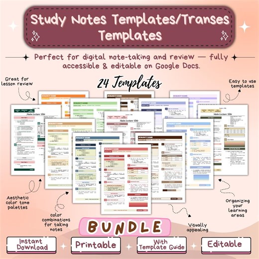 Study Notes/transes/reviewer Templates for Students | Editable in Google Docs | Bundle of 24 Templates | Instant Download | Printable - Etsy