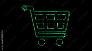 Shopping Cart Animated Icon appearing with Lines on black background. Online Ecommerce Shopping, For business, supermarket, online store. Store and sales or purchases. marketing in an online store