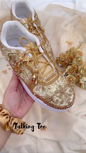 Talking Toe®-by Nazish & Insha | “Golden treasures for your feet, adding a touch of glamour to every step you take. 👟Grab these gorgeous “GOLD RUSH” Sneakers now !... | Instagram