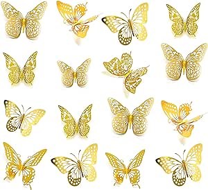 3D Butterfly Wall Decor 48 Pcs - 4 Styles & 3 Sizes, Removable Wall Stickers for Birthday, Party, Wedding Decorations & Interior Decor (Gold)