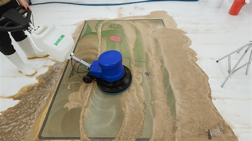 Rotary scrubber reveals hidden carpet pattern
